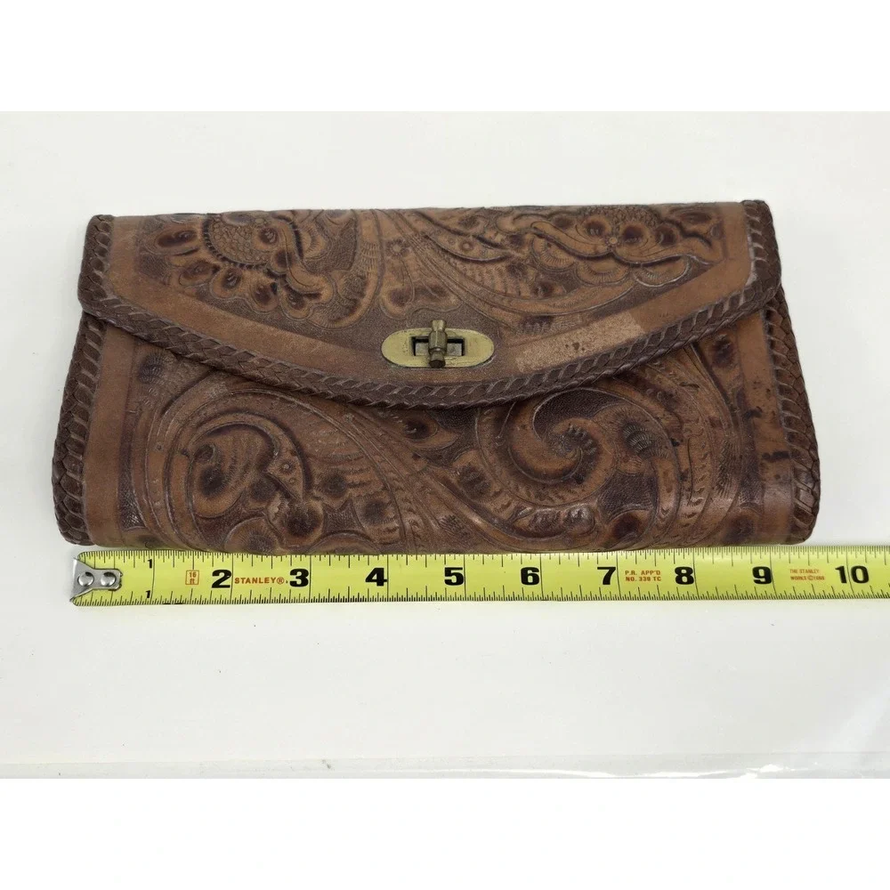 RARE‎ Vintage Brown Hand Tooled Leather Wallet Clutch , Gaiton - Made In Mexico